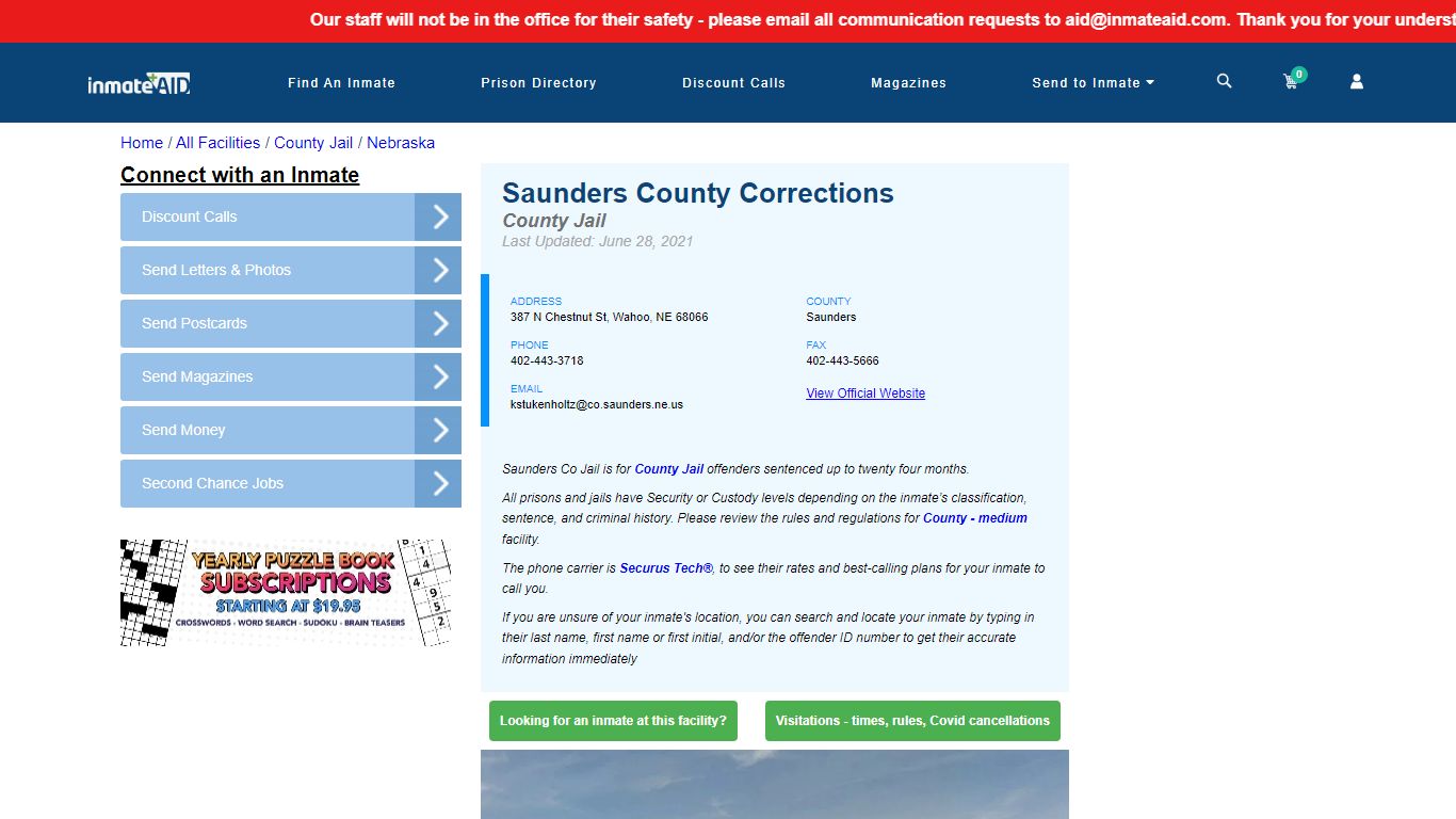Saunders County Corrections - Inmate Locator - Wahoo, NE