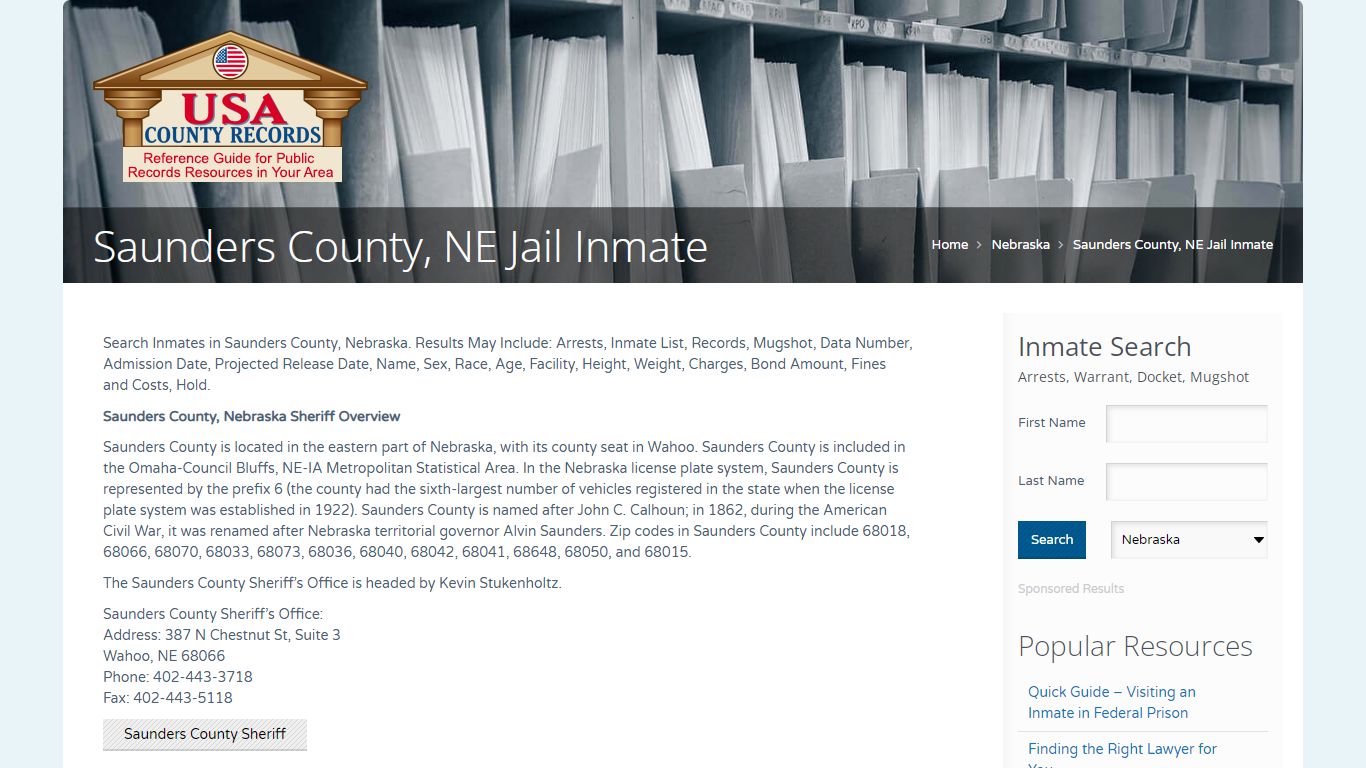 Saunders County, NE Jail Inmate | Name Search